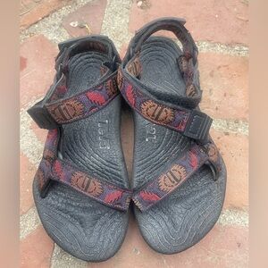 Teva-style Black Sandals with Red & Orange Patterned Straps